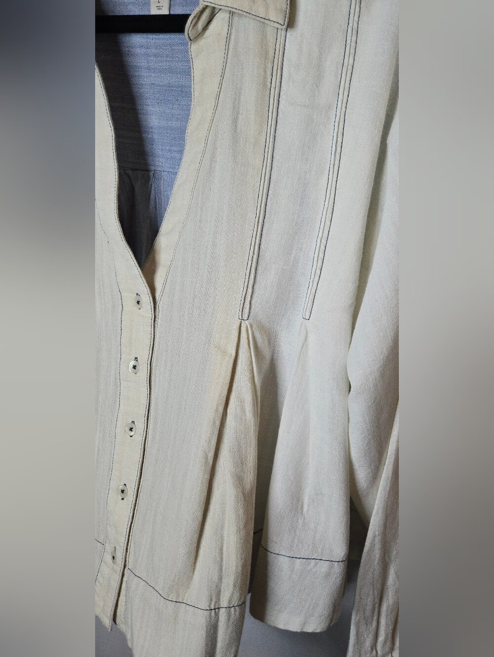 Anthropologie Maeve Color Block Blue Cream Cotton Linen Pleated Swing Shirt L - Picture 4 of 7